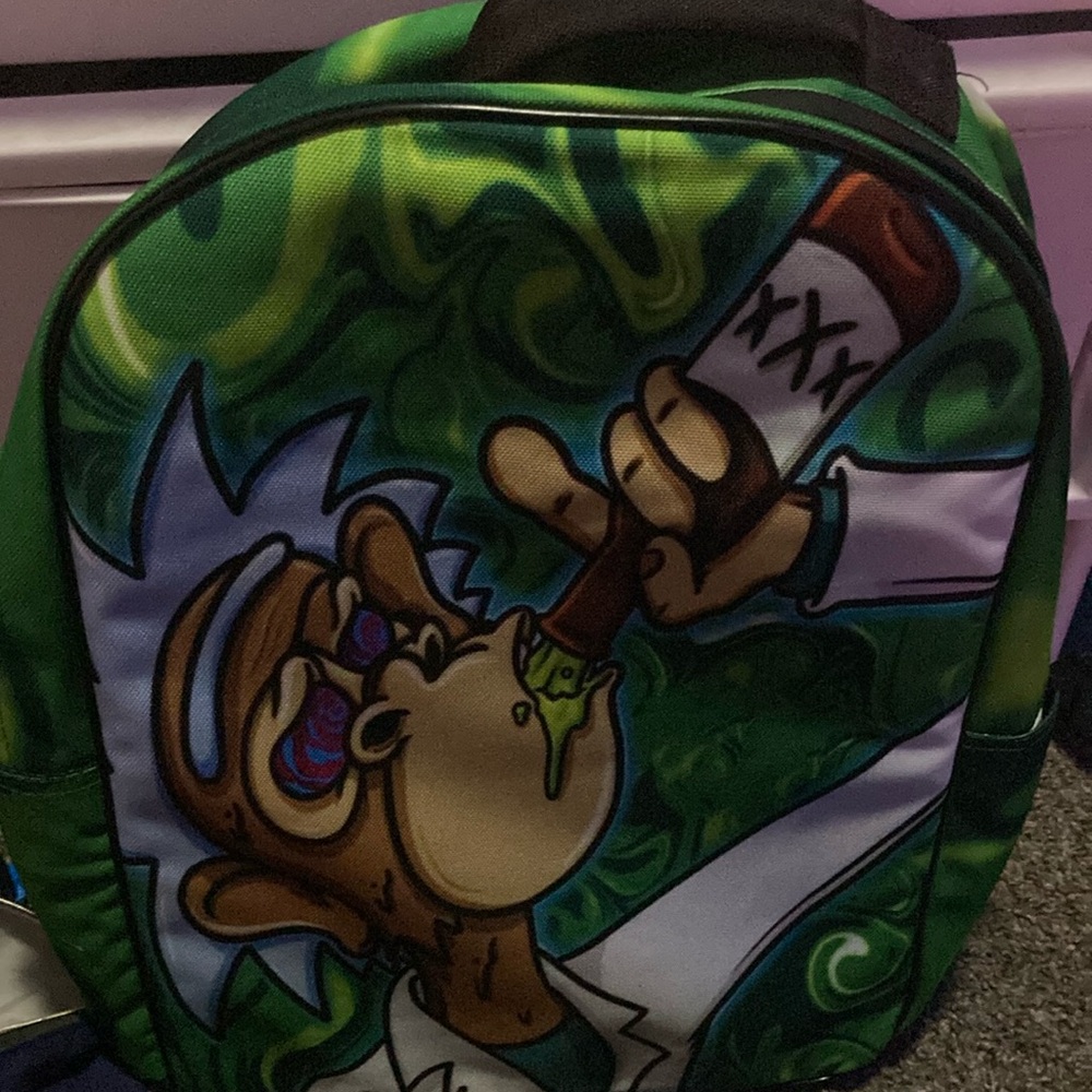 Custom backpack with graffiti art character, and has an odor free,2 zipper pouch